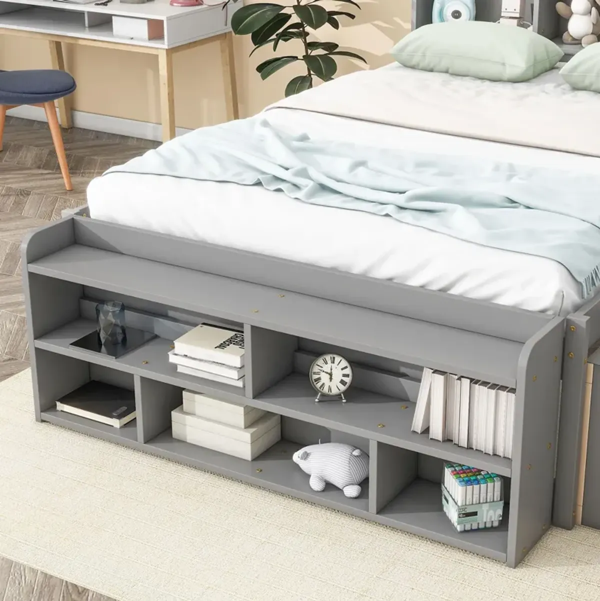 Bed With Bookcase Headboard, Under Bed Storage Drawers And Bed End Storage Case