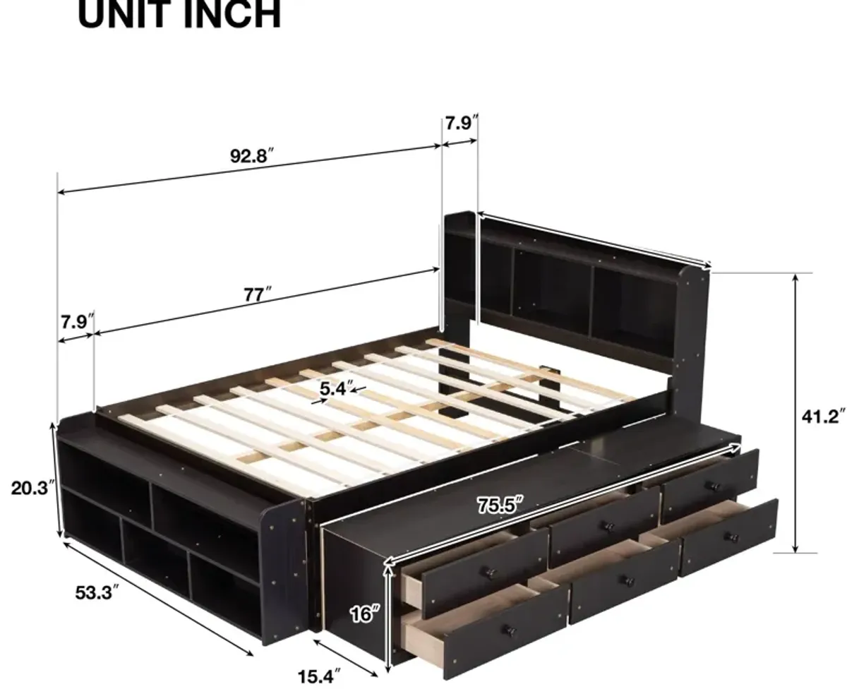 Bed With Bookcase Headboard, Under Bed Storage Drawers And Bed End Storage Case