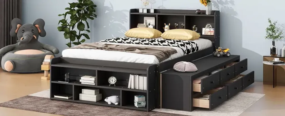 Bed With Bookcase Headboard, Under Bed Storage Drawers And Bed End Storage Case