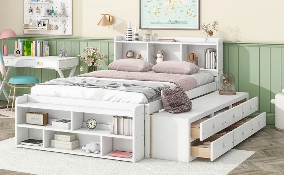 Bed With Bookcase Headboard, Under Bed Storage Drawers And Bed End Storage Case