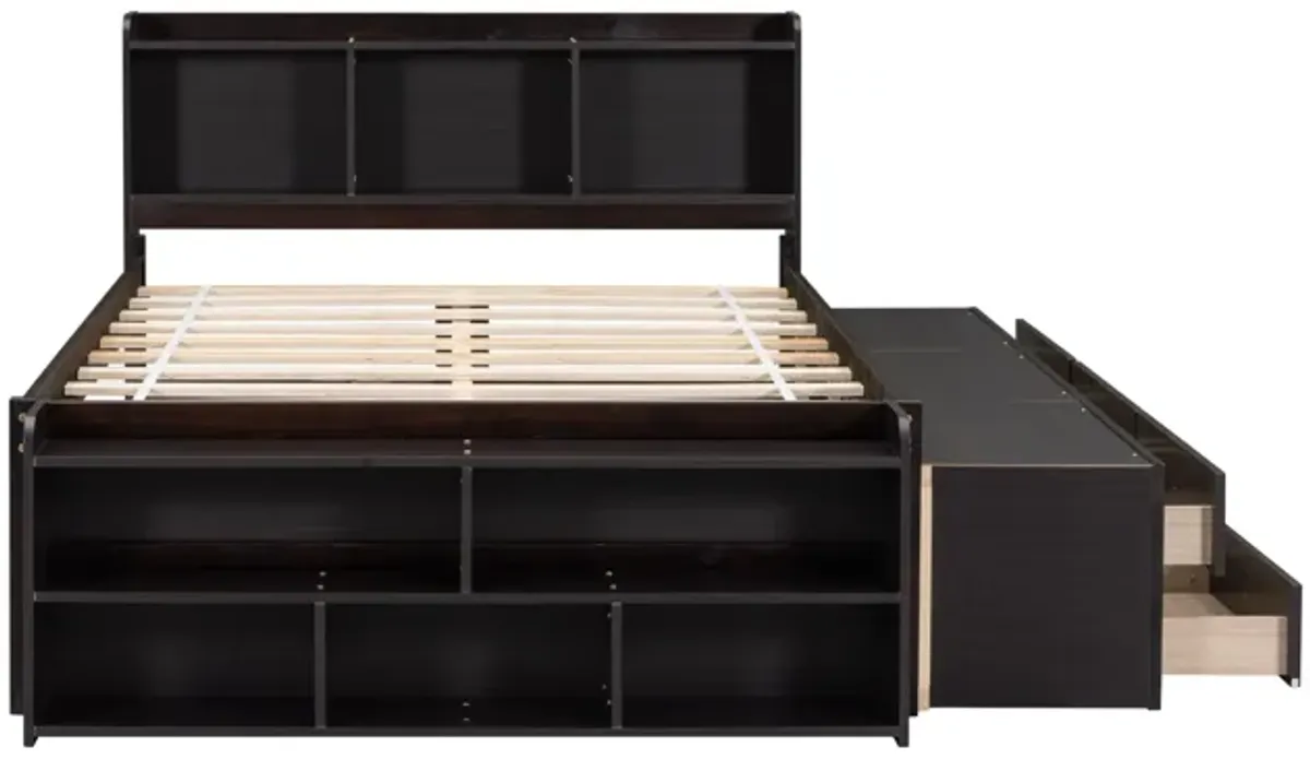 Bed With Bookcase Headboard, Under Bed Storage Drawers And Bed End Storage Case