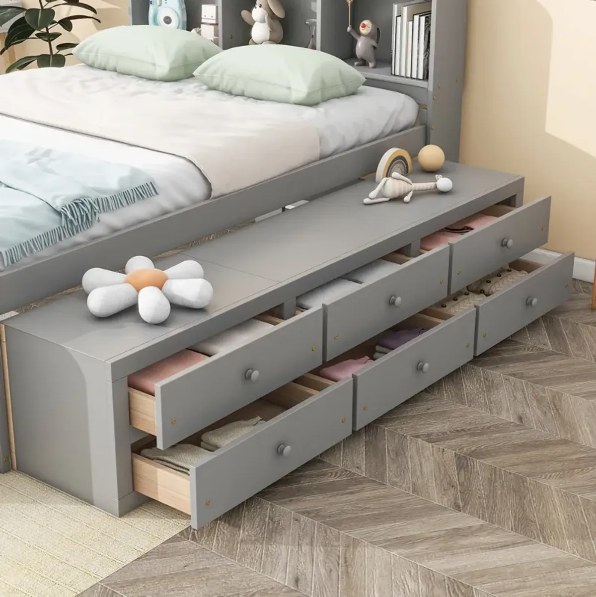 Bed With Bookcase Headboard, Under Bed Storage Drawers And Bed End Storage Case