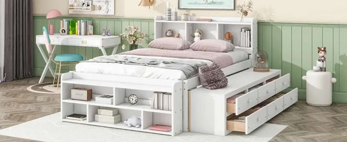 Bed With Bookcase Headboard, Under Bed Storage Drawers And Bed End Storage Case