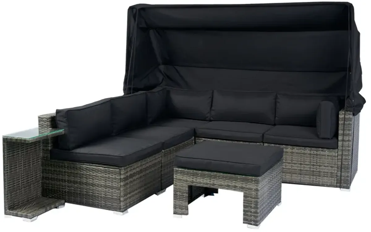 7 Piece Patio Furniture Set With Retractable Canopy Wicker Rattan Sectional Sofa Set Patio Furniture With Washable Cushions For Lawn, Garden, Backyard, Poolside Wicker And Cushion - Gray / Black