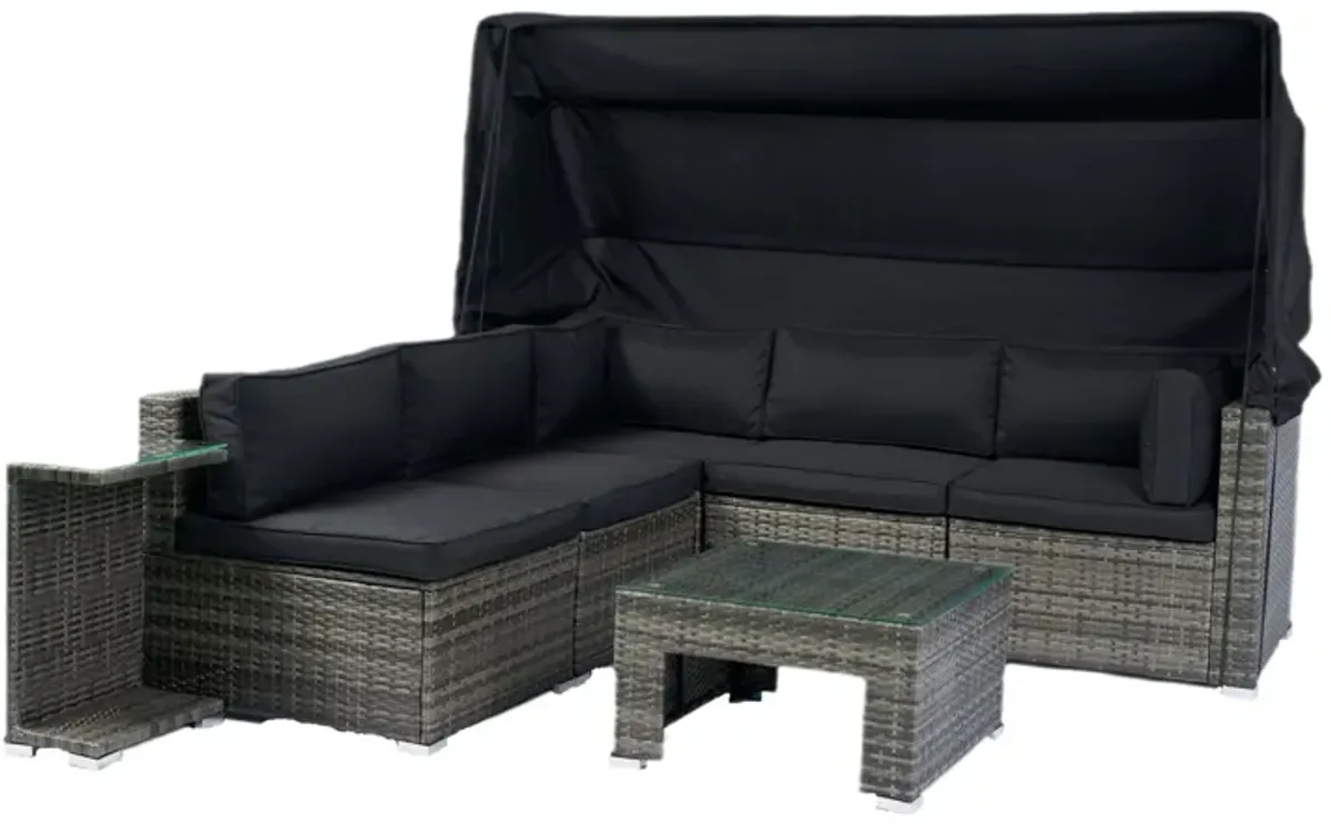 7 Piece Patio Furniture Set With Retractable Canopy Wicker Rattan Sectional Sofa Set Patio Furniture With Washable Cushions For Lawn, Garden, Backyard, Poolside Wicker And Cushion - Gray / Black