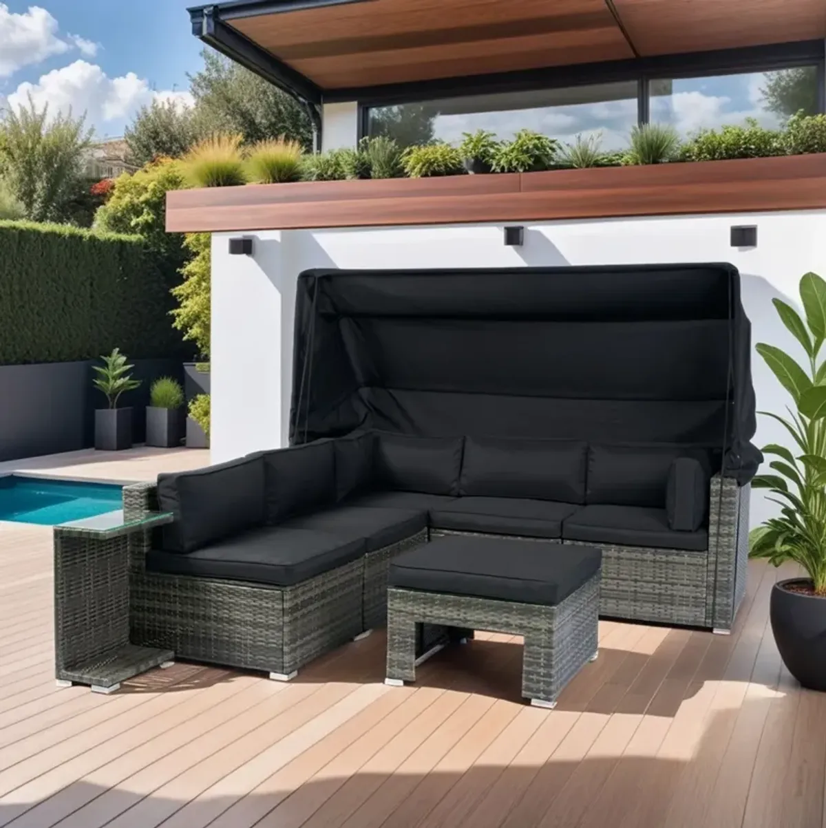 7 Piece Patio Furniture Set With Retractable Canopy Wicker Rattan Sectional Sofa Set Patio Furniture With Washable Cushions For Lawn, Garden, Backyard, Poolside Wicker And Cushion - Gray / Black