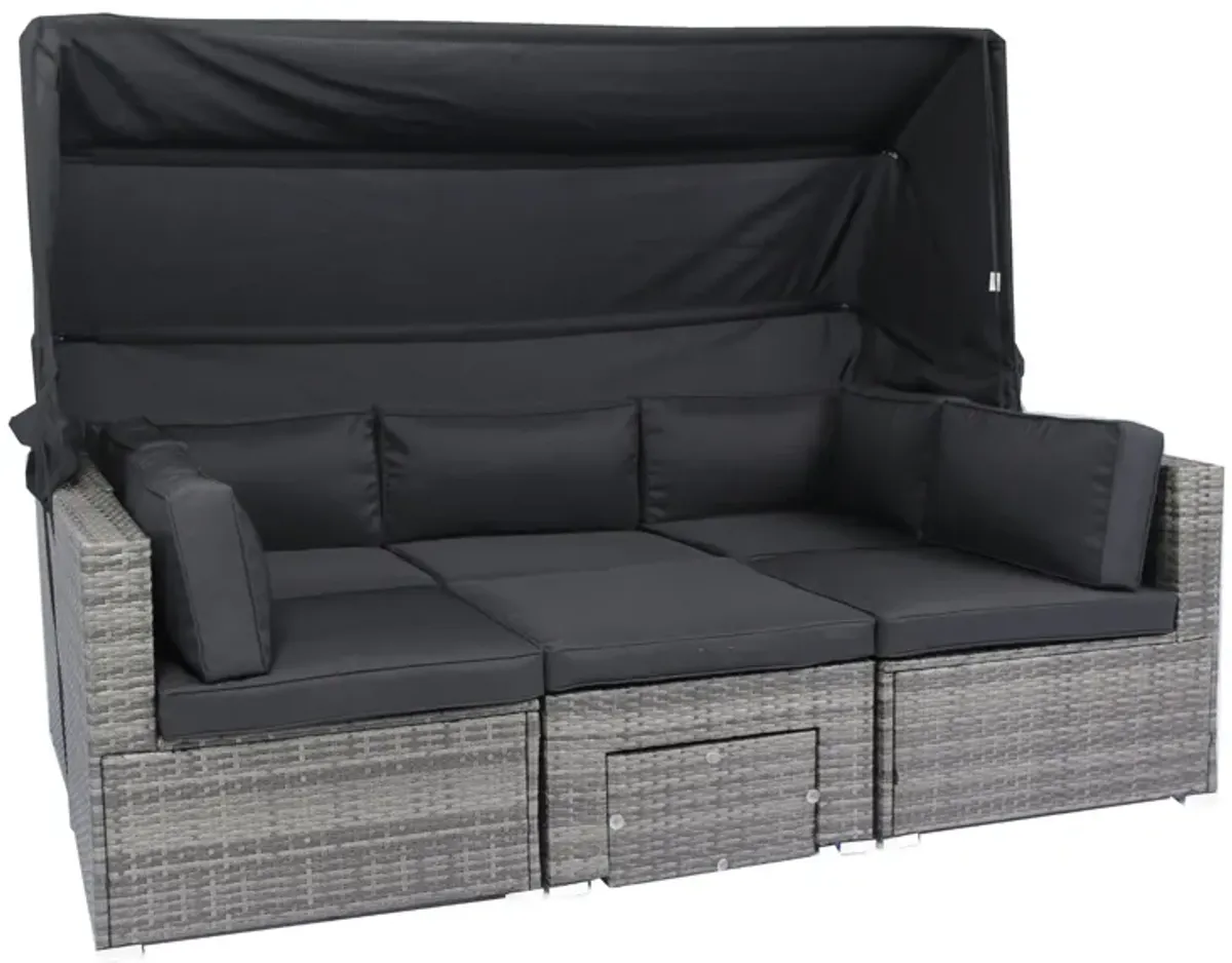 7 Piece Patio Furniture Set With Retractable Canopy Wicker Rattan Sectional Sofa Set Patio Furniture With Washable Cushions For Lawn, Garden, Backyard, Poolside Wicker And Cushion - Gray / Black