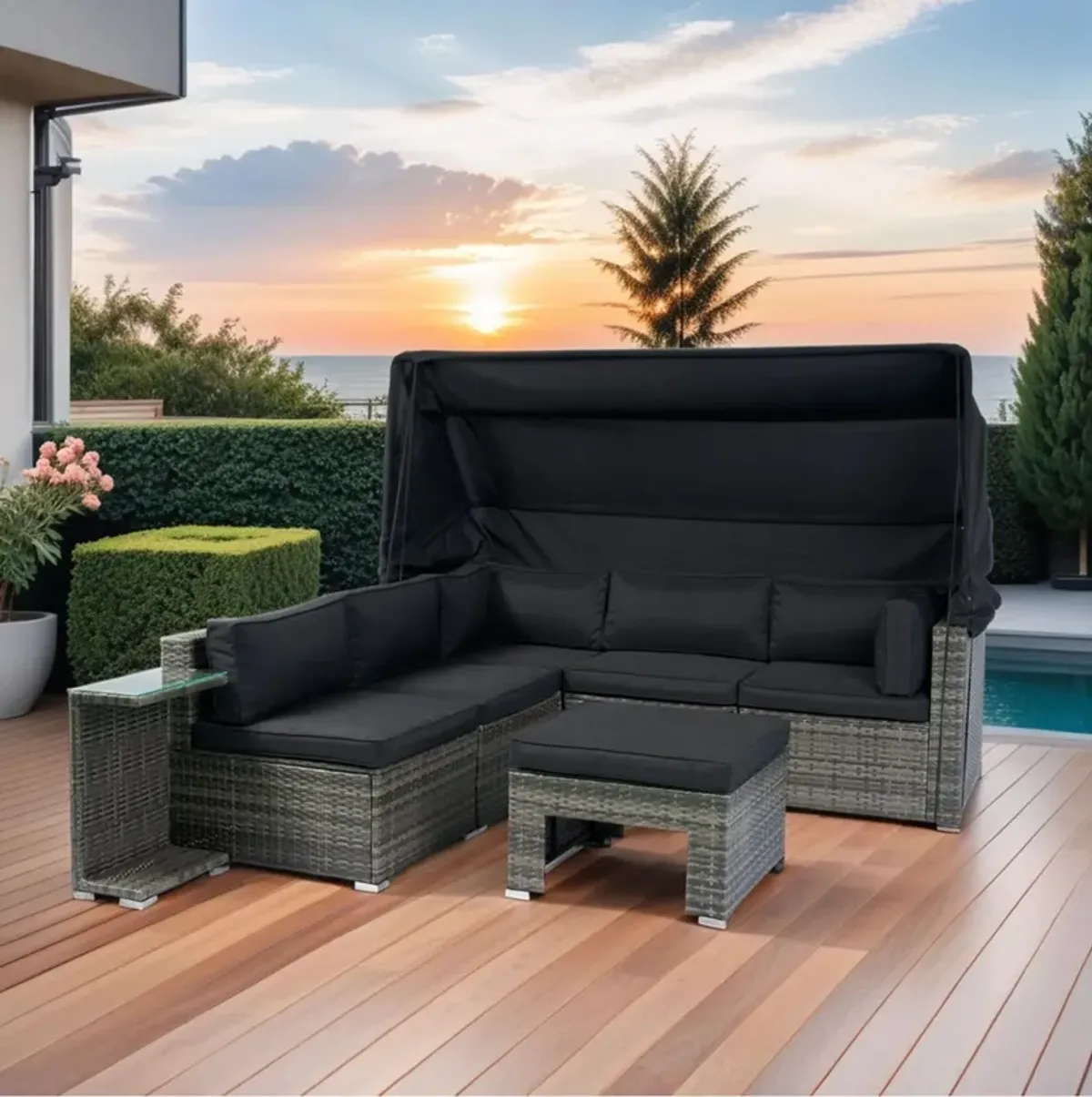 7 Piece Patio Furniture Set With Retractable Canopy Wicker Rattan Sectional Sofa Set Patio Furniture With Washable Cushions For Lawn, Garden, Backyard, Poolside Wicker And Cushion - Gray / Black