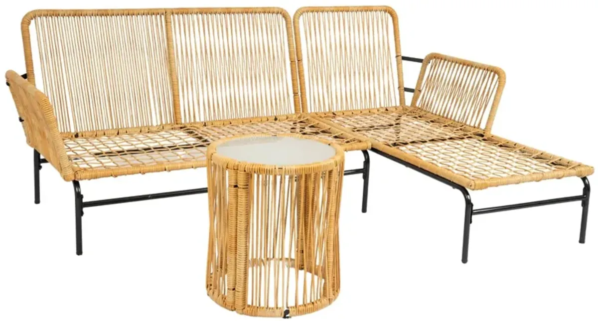 3 Pieces Outdoor Patio Wicker Furniture Sets Table And Chairs With Thick Cushion Outdoor Sofa Set Wicker And Cushion - Natural Yellow / Creme