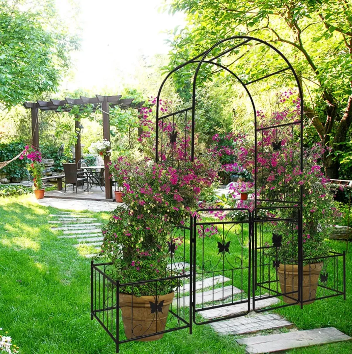 Metal Garden Arch With Gate High Climbing Plants Support Rose Arch Outdoor - Black