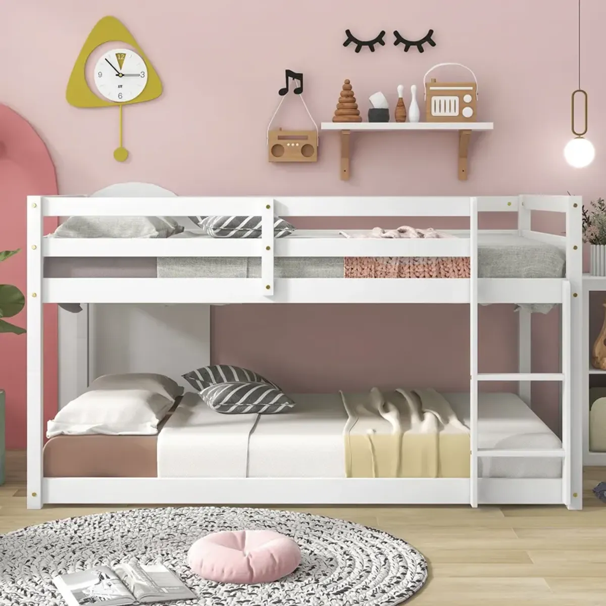 Twin Over Twin Floor Bunk Bed Comfortable - White