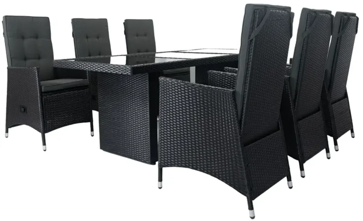 7 Piece Outdoor Patio Wicker Dining Set Patio With Adjustable Backrest And Cushion - Black / Dark Gray