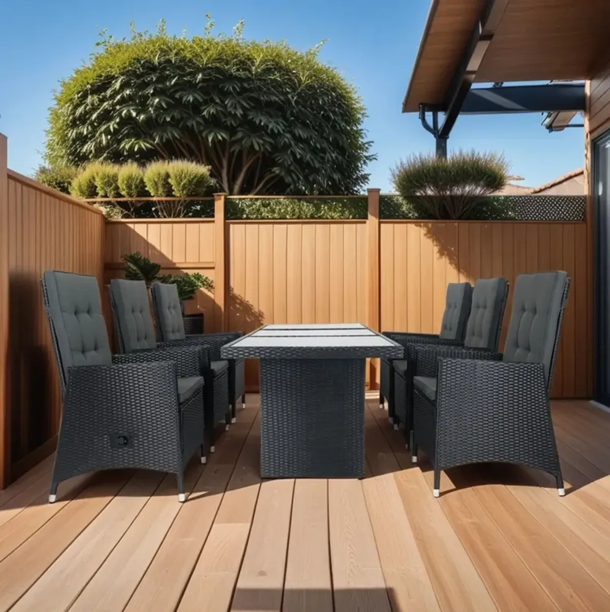 7 Piece Outdoor Patio Wicker Dining Set Patio With Adjustable Backrest And Cushion - Black / Dark Gray