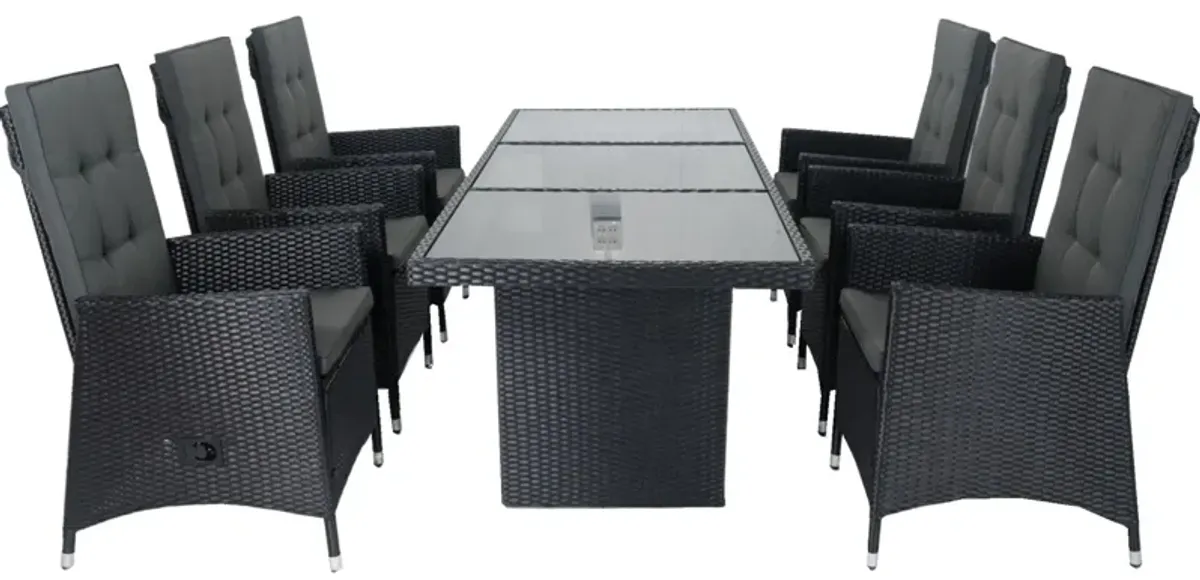 7 Piece Outdoor Patio Wicker Dining Set Patio With Adjustable Backrest And Cushion - Black / Dark Gray