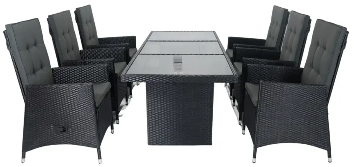 7 Piece Outdoor Patio Wicker Dining Set Patio With Adjustable Backrest And Cushion - Black / Dark Gray
