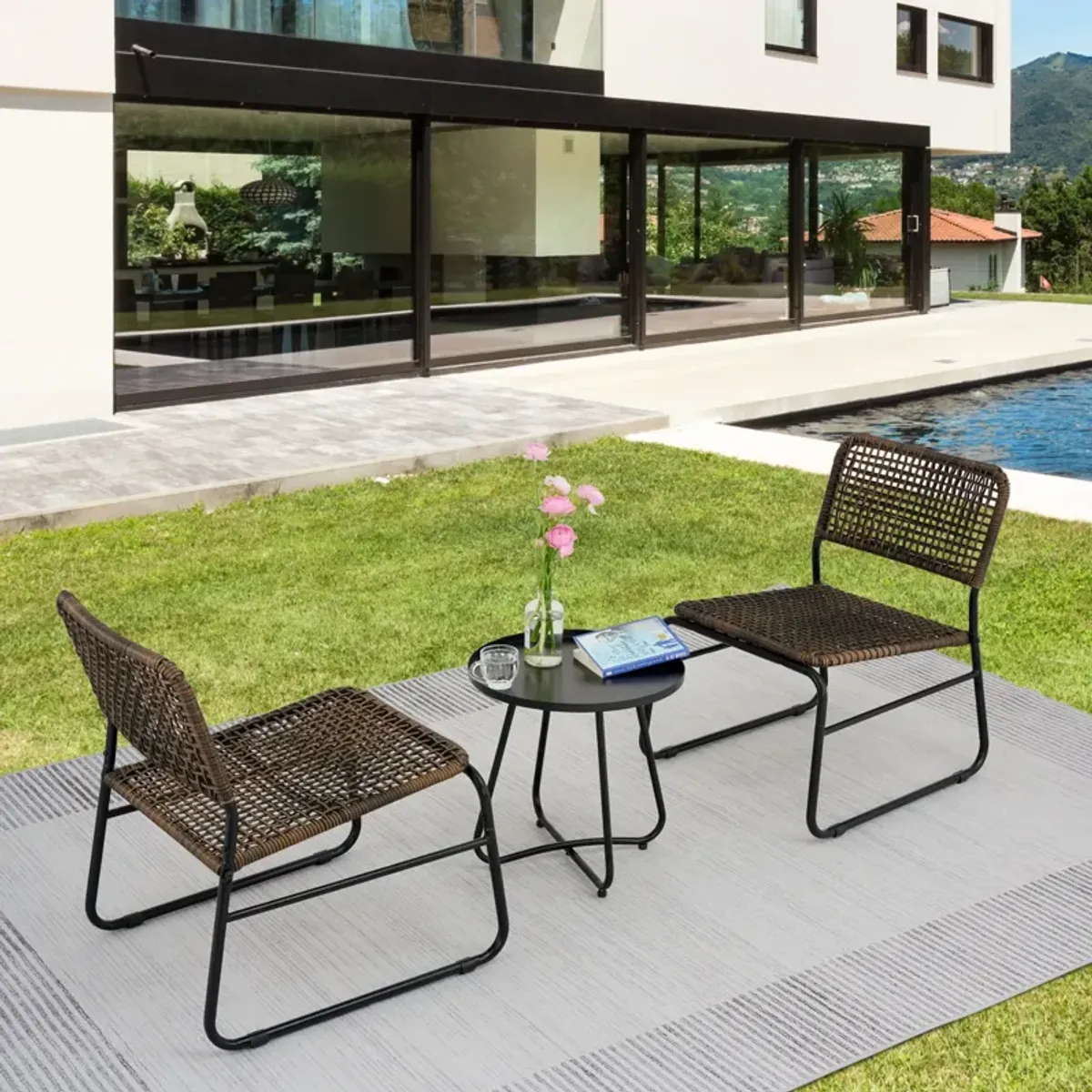 Patio Furniture Set 3 Piece Mixture Pattern PE Rattan Steel Frame And Modern Round Table - Brown / Black