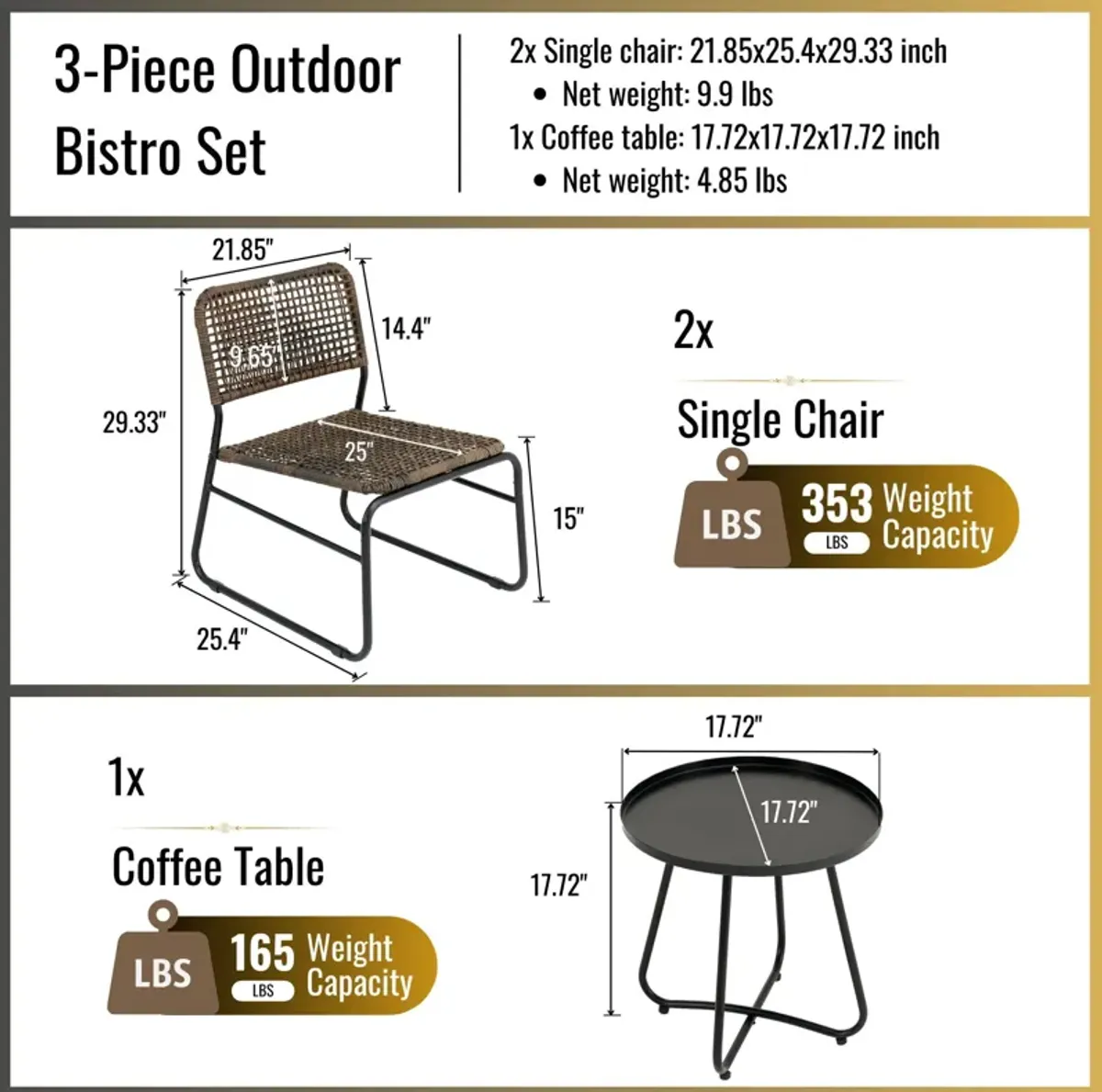 Patio Furniture Set 3 Piece Mixture Pattern PE Rattan Steel Frame And Modern Round Table - Brown / Black