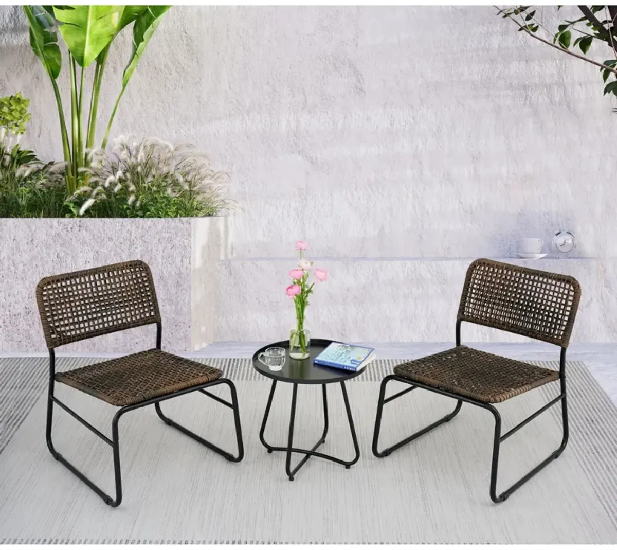 Patio Furniture Set 3 Piece Mixture Pattern PE Rattan Steel Frame And Modern Round Table - Brown / Black