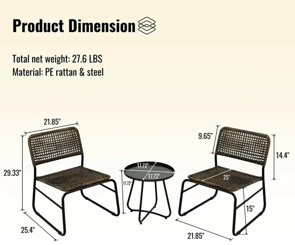 Patio Furniture Set 3 Piece Mixture Pattern PE Rattan Steel Frame And Modern Round Table - Brown / Black