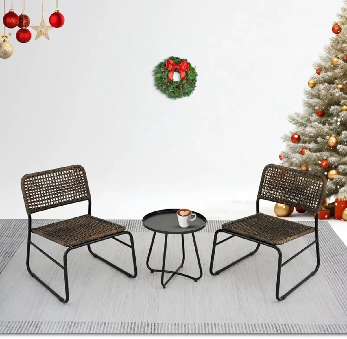 Patio Furniture Set 3 Piece Mixture Pattern PE Rattan Steel Frame And Modern Round Table - Brown / Black