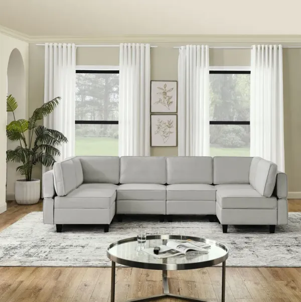 Linen Modular Sectional Sofa, U Shaped Couch With Adjustable Armrests And Backrests, 6 Seat Reversible Sofa Bed With Storage Seats For Living Room - Gray White