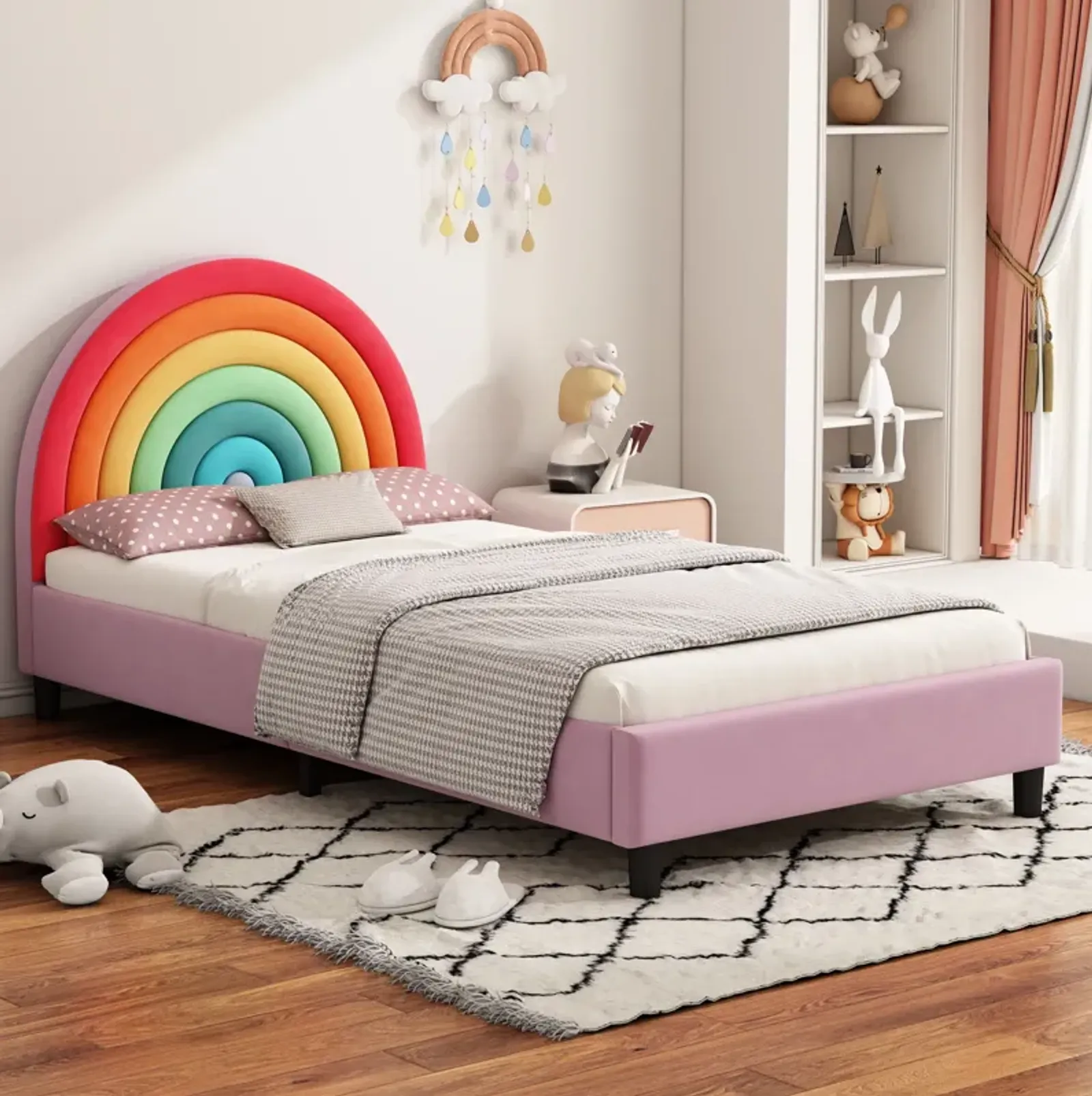 Rainbow Design Upholstered Twin Platform Bed Cute Style Princess Bed For Boys & Girls, Teens - Colorful / Pink