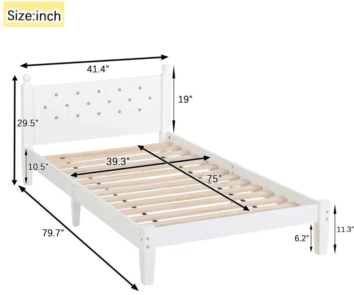 Twin Bed With Button-Decoration Headboard, With Bed Slats - White