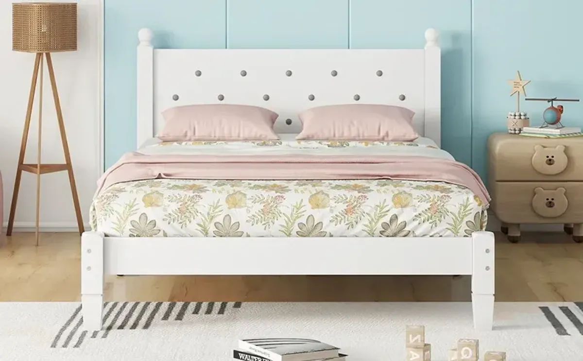 Twin Bed With Button-Decoration Headboard, With Bed Slats - White