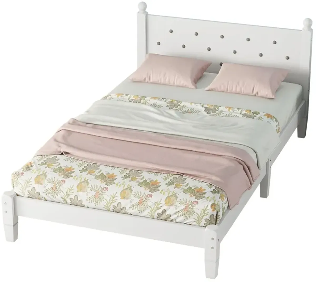 Twin Bed With Button-Decoration Headboard, With Bed Slats - White