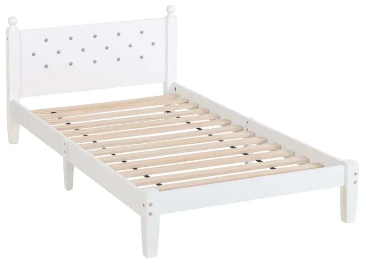 Twin Bed With Button-Decoration Headboard, With Bed Slats - White