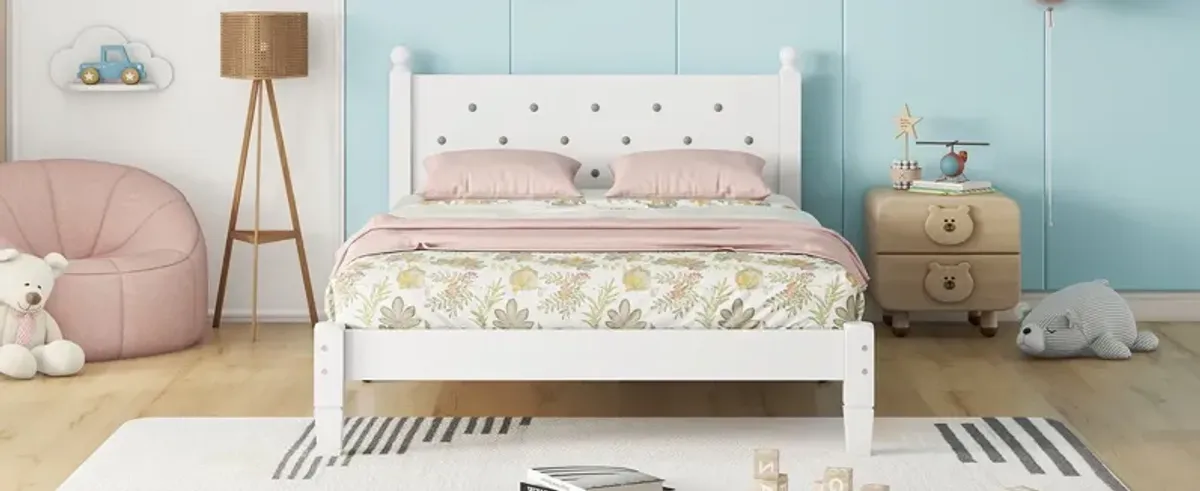 Twin Bed With Button-Decoration Headboard, With Bed Slats - White