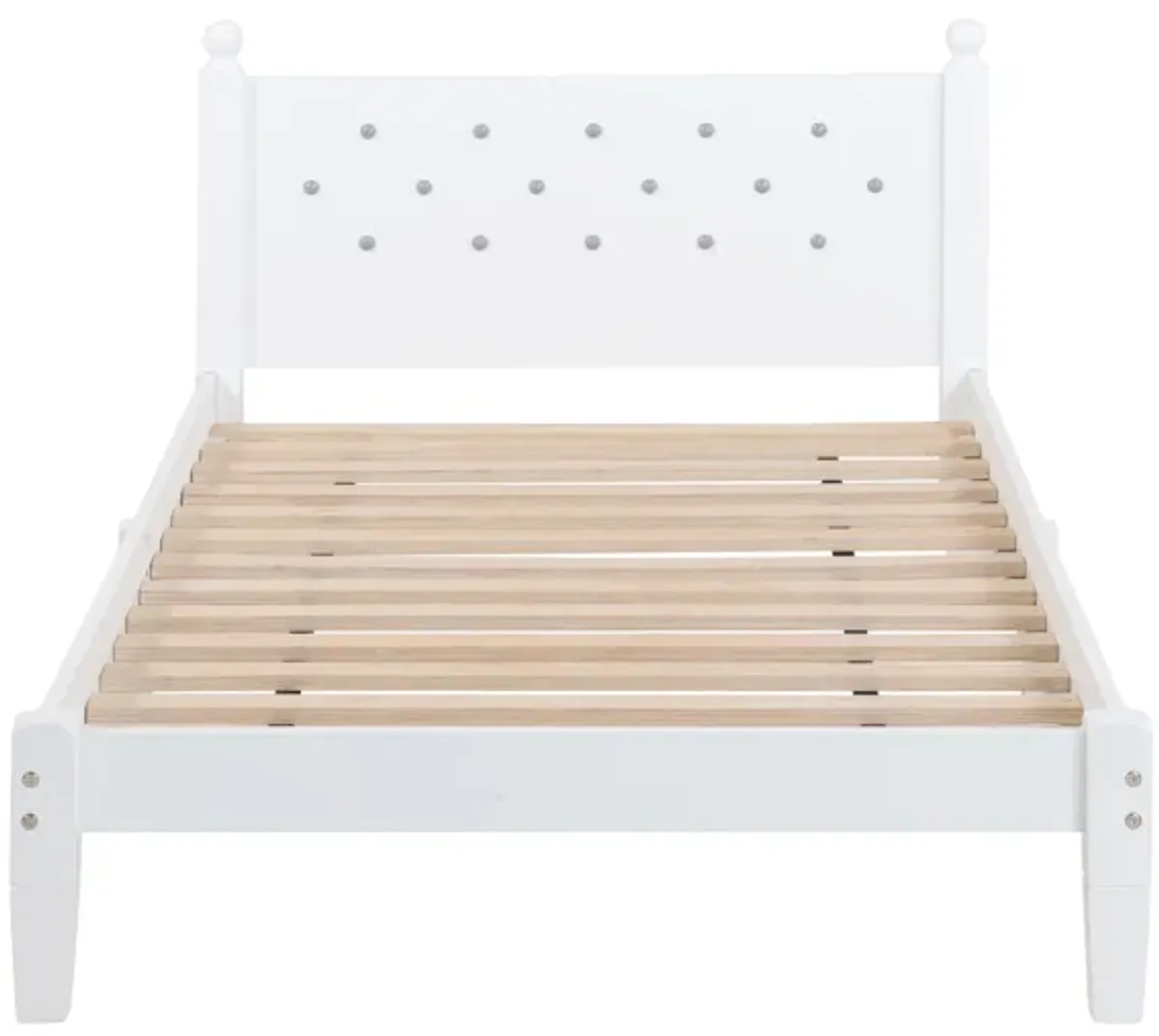 Twin Bed With Button-Decoration Headboard, With Bed Slats - White