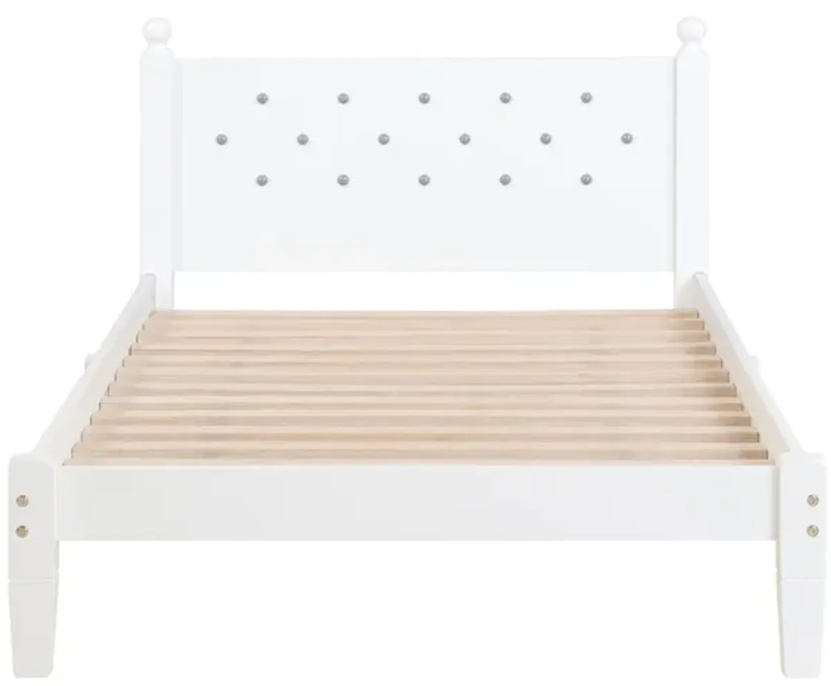 Twin Bed With Button-Decoration Headboard, With Bed Slats - White