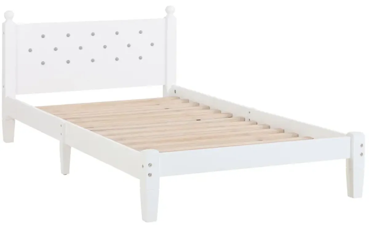 Twin Bed With Button-Decoration Headboard, With Bed Slats - White