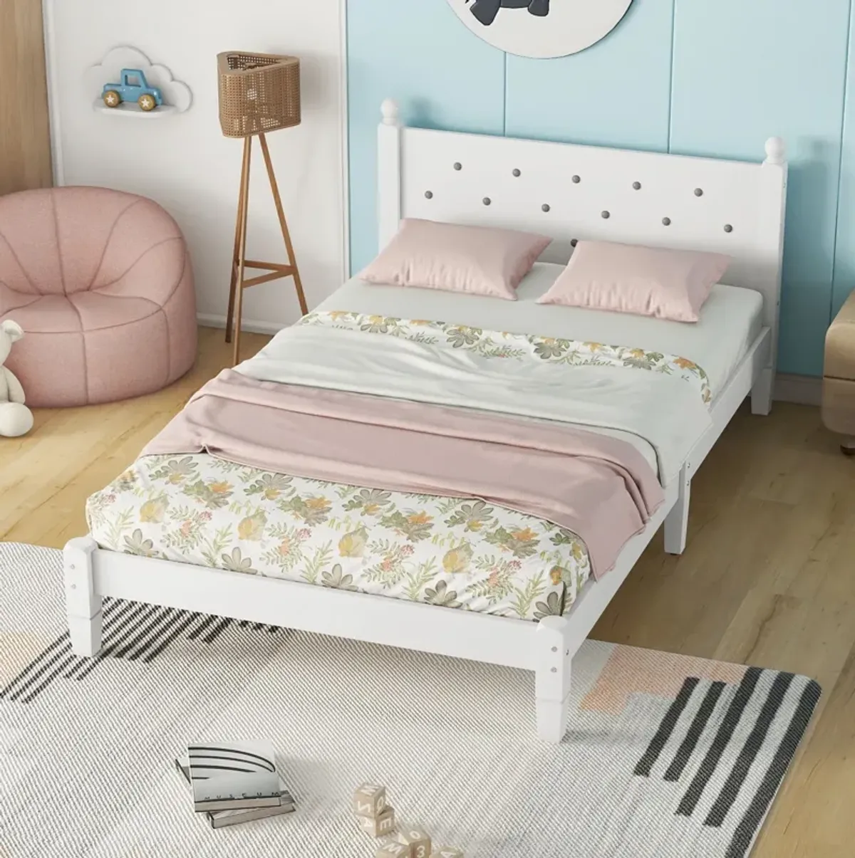 Twin Bed With Button-Decoration Headboard, With Bed Slats - White