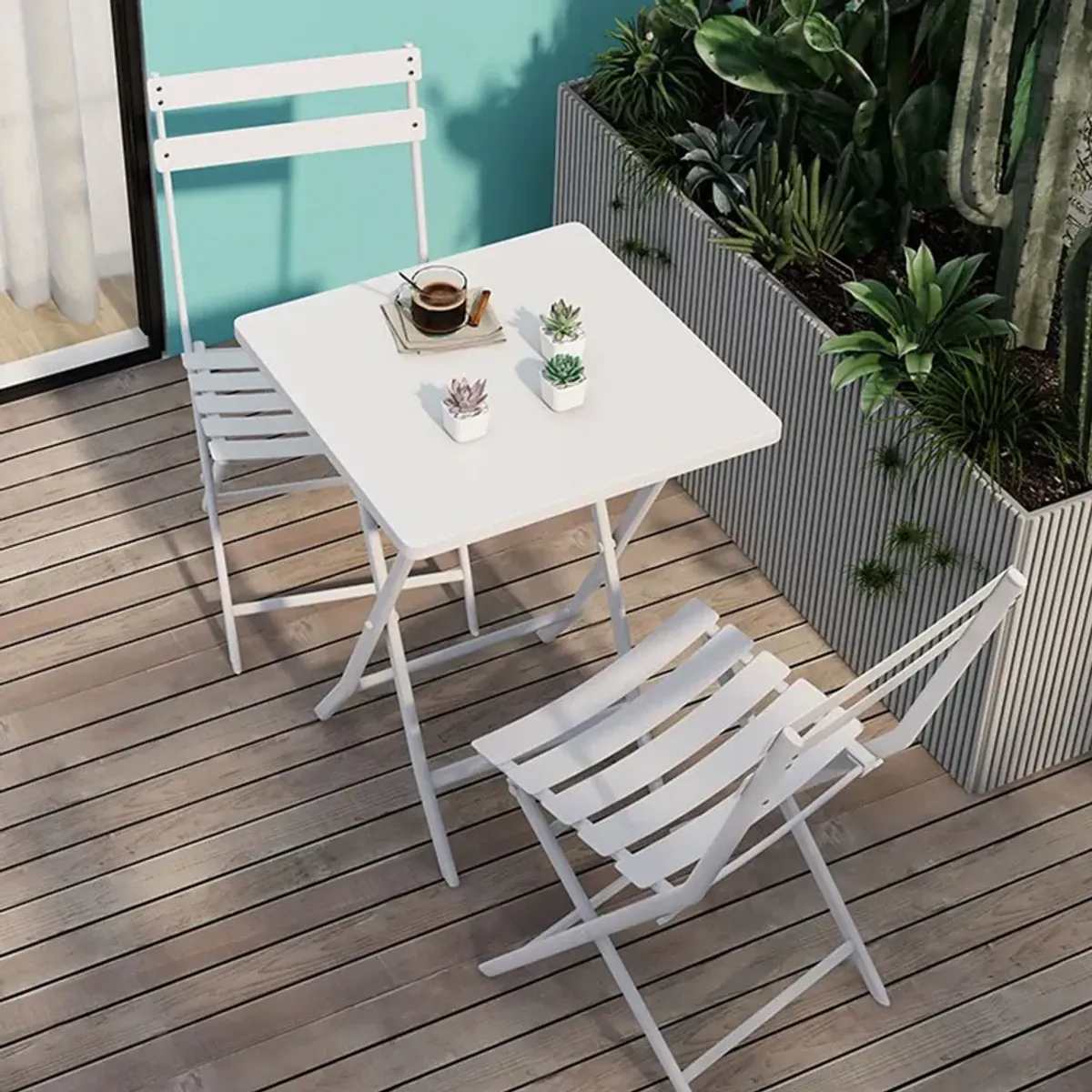 3 Piece Patio Bistro Set Of Foldable Square Table And Chairs