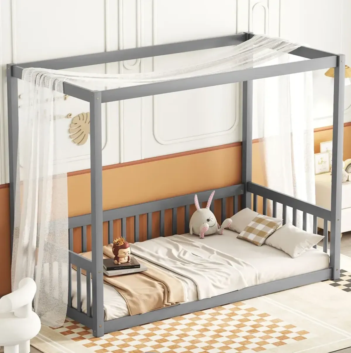 Canopy Frame Floor Bed With Fence, Guardrails