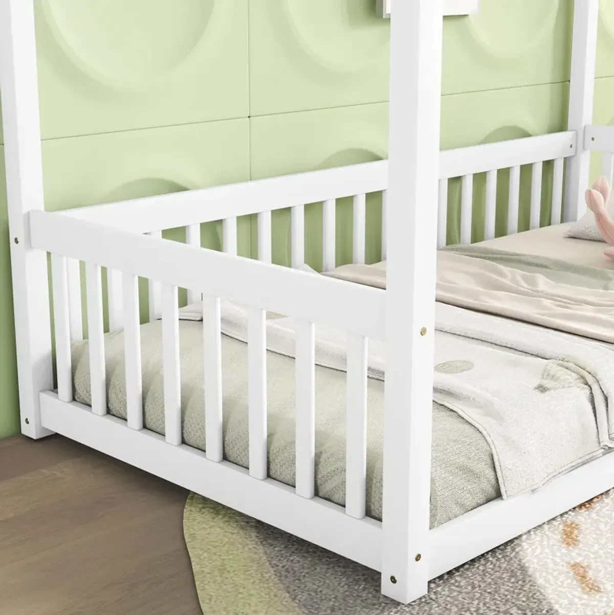 Canopy Frame Floor Bed With Fence, Guardrails