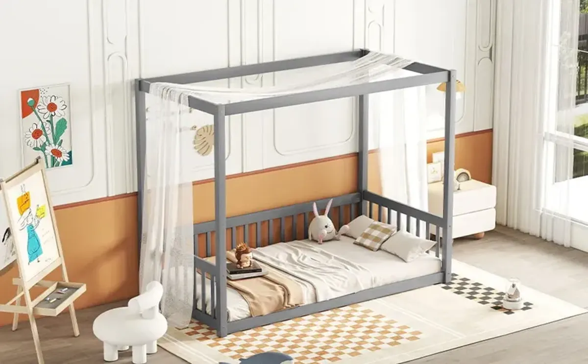 Canopy Frame Floor Bed With Fence, Guardrails