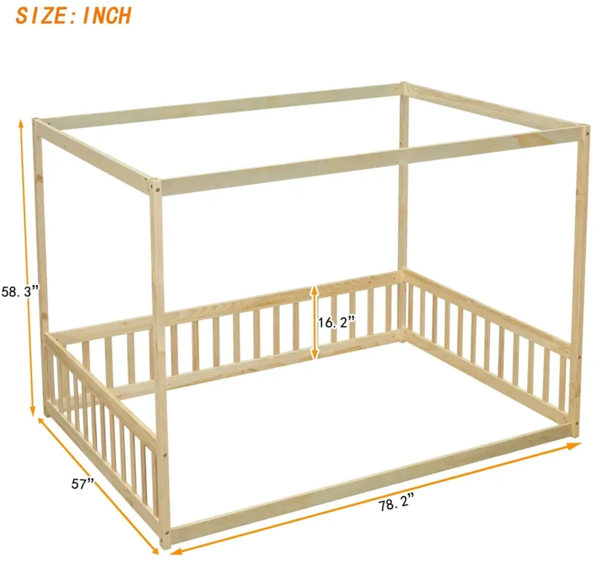 Canopy Frame Floor Bed With Fence, Guardrails