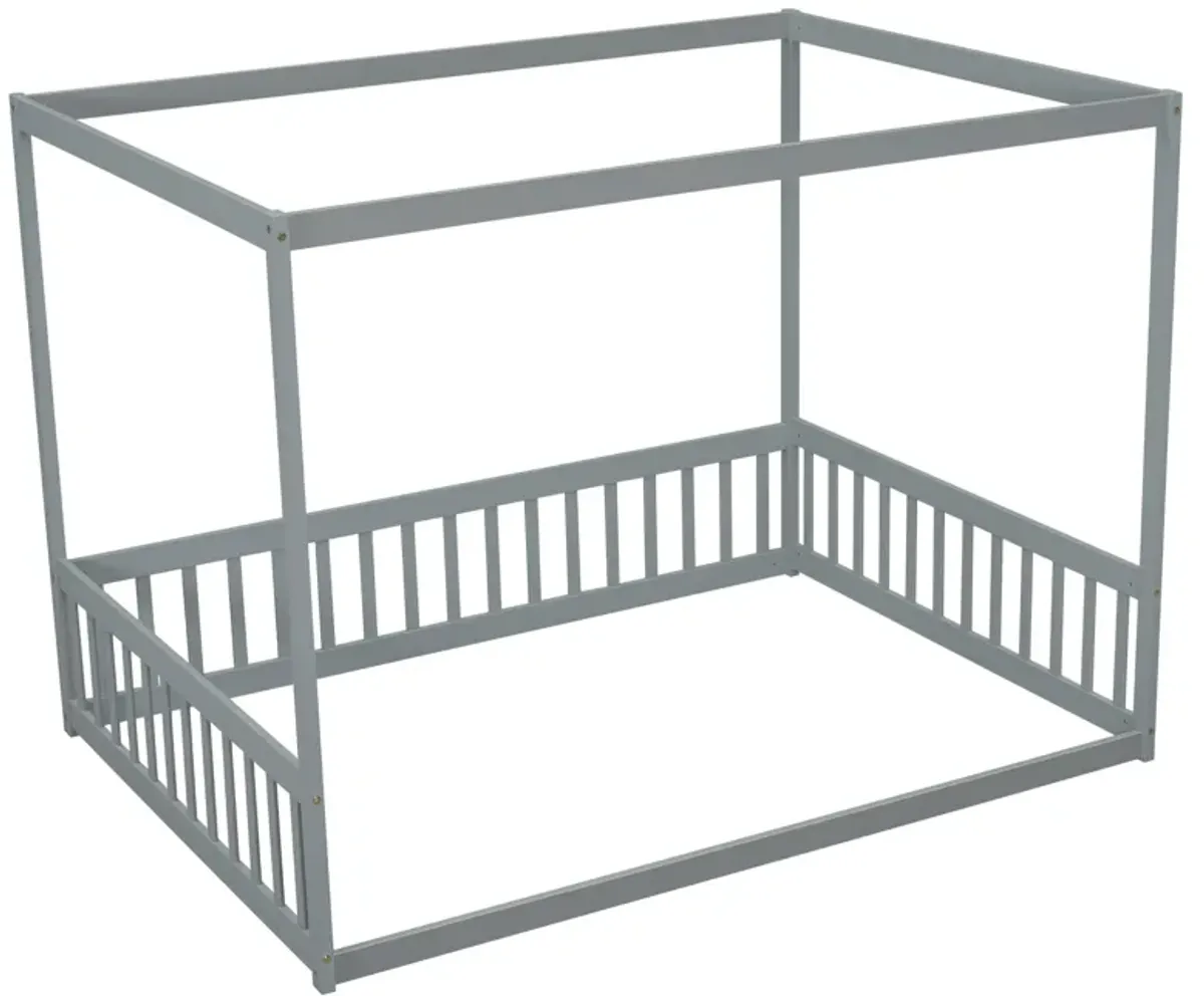 Canopy Frame Floor Bed With Fence, Guardrails