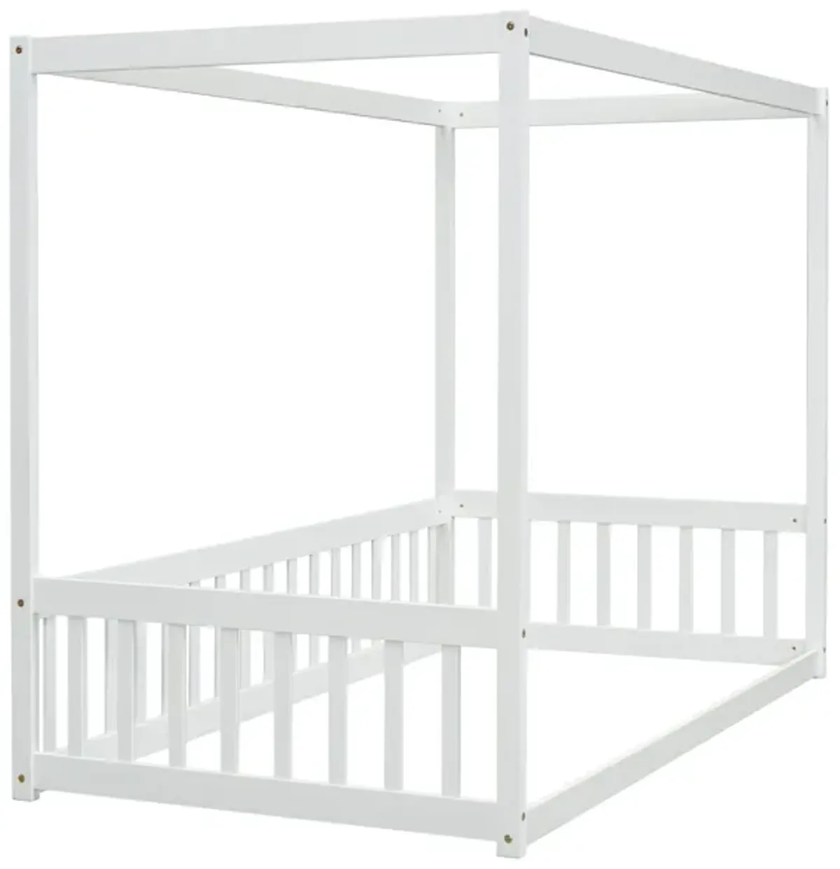 Canopy Frame Floor Bed With Fence, Guardrails