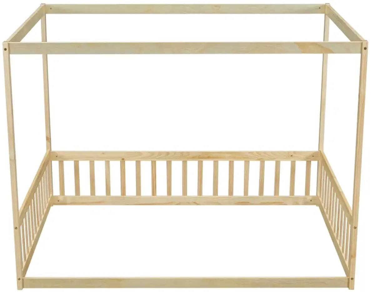 Canopy Frame Floor Bed With Fence, Guardrails