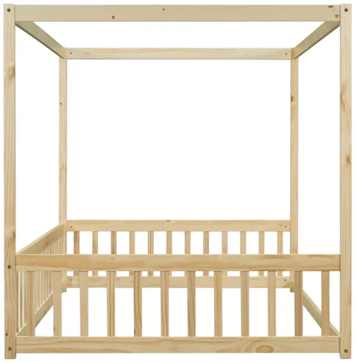 Canopy Frame Floor Bed With Fence, Guardrails