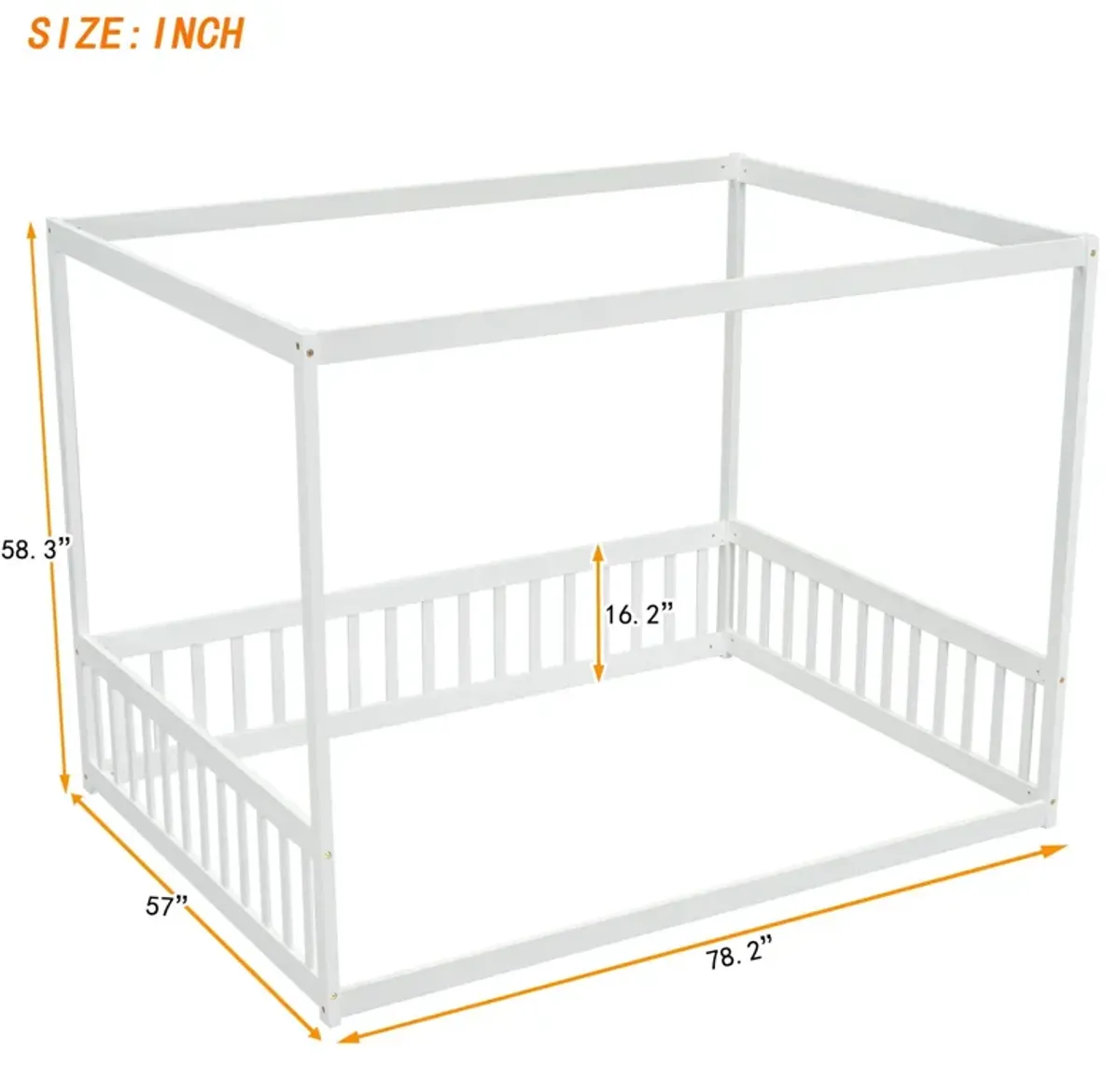 Canopy Frame Floor Bed With Fence, Guardrails