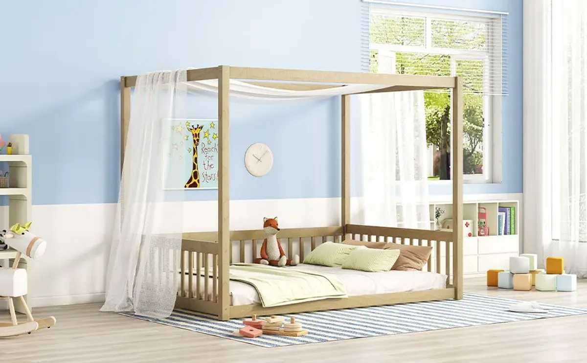 Canopy Frame Floor Bed With Fence, Guardrails