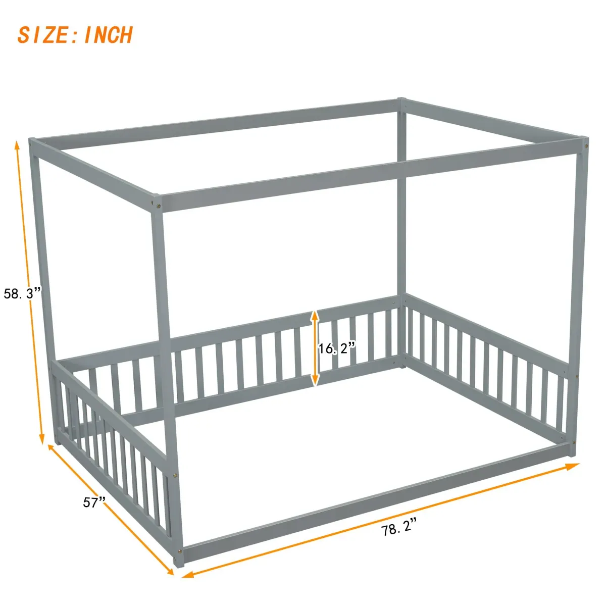 Canopy Frame Floor Bed With Fence, Guardrails