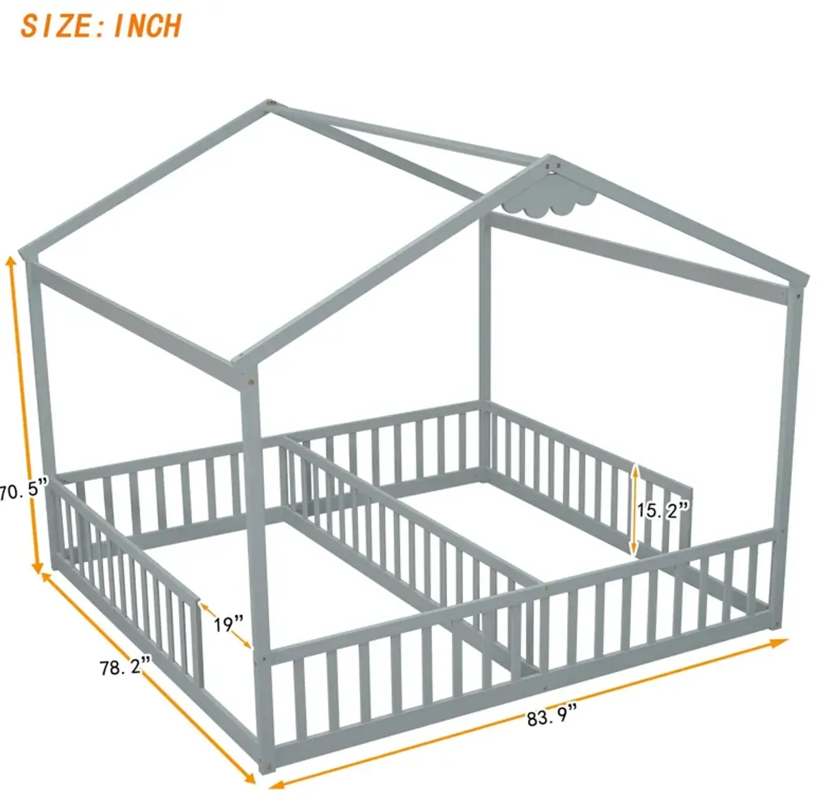 Double Twin House-Style Floor Bed With Fence, Guardrails, Without Door