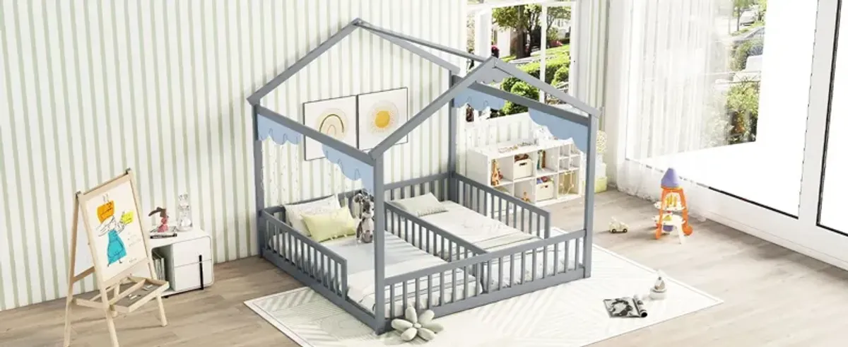 Double Twin House-Style Floor Bed With Fence, Guardrails, Without Door