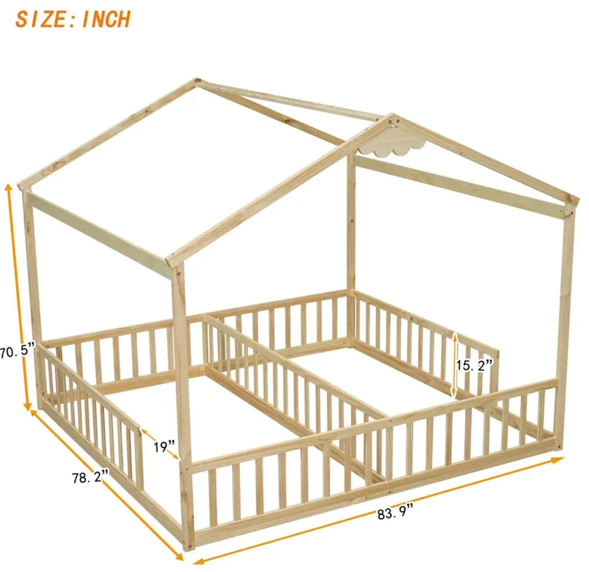 Double Twin House-Style Floor Bed With Fence, Guardrails, Without Door